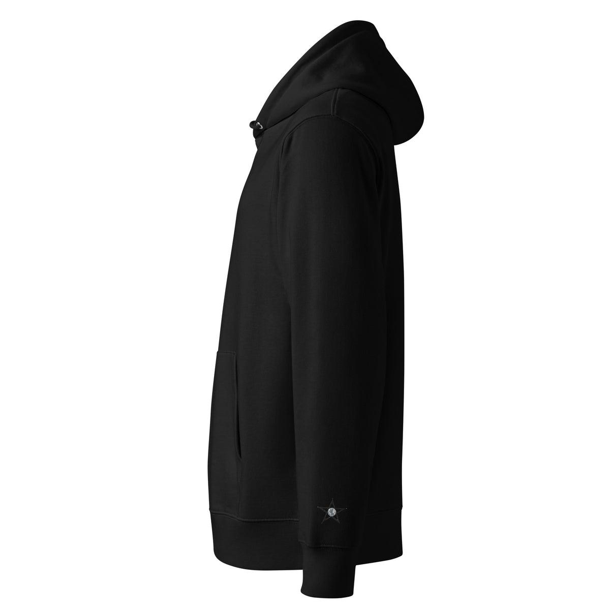 Zijaanzicht van de Essential Eco Hoodie in zwart, gemaakt van 100% organische katoen, met een dubbele capuchon.